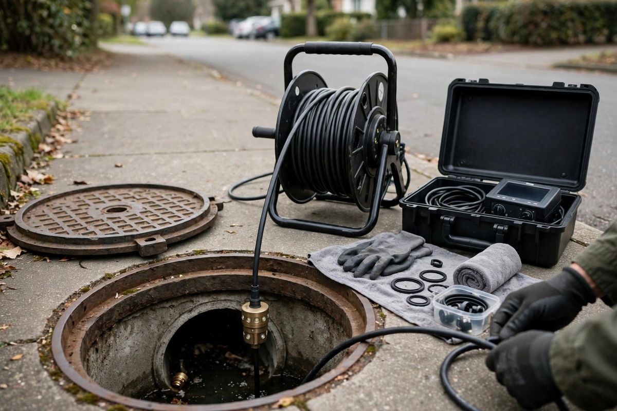 Plumber using camera inspection equipment on a drain line