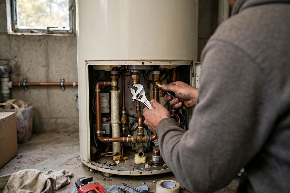 Plumber repairing a residential water heater